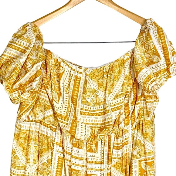 PrettyLittleThing Off Shoulder Yellow Paisley Tile Print Bardot Maxi Dress US XL - Picture 4 of 12